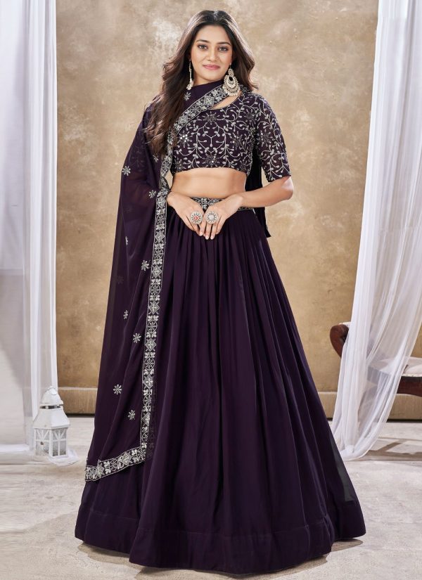 Purple Faux Georgette Plain Work Lehenga Choli