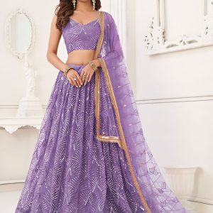 Purple Net Embroidered, Mirror and Sequins Work Lehenga Choli for Festival