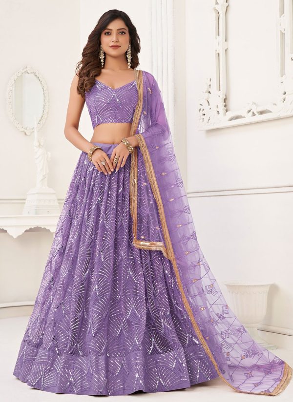 Purple Net Embroidered, Mirror and Sequins Work Lehenga Choli for Festival