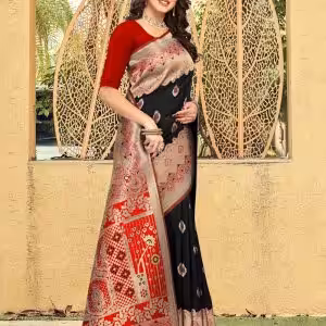 Radiant Black and Red Banarasi Silk Designer Sari with Weaving Work