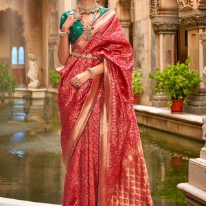 Red Banarasi Silk Classic Sari with Jacquard and Weaving Work for Ceremonial