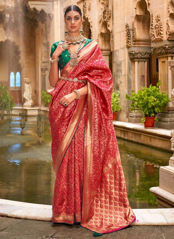 Red Banarasi Silk Classic Sari with Jacquard and Weaving Work for Ceremonial