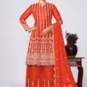 Red Chinon Readymade Salwar Suit
