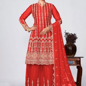 Red Chinon Readymade Salwar Suit