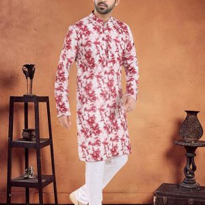 Red Cotton Print Work Kurta Pyjama for Ceremonial