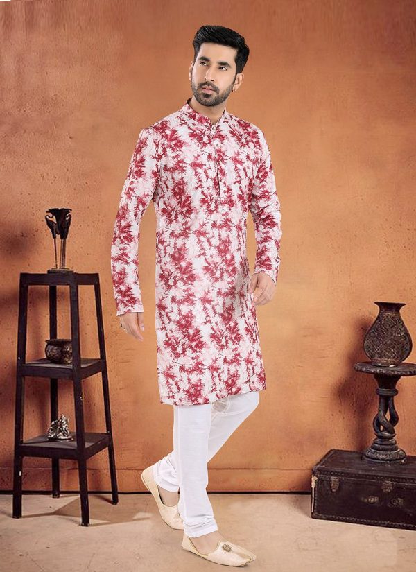 Red Cotton Print Work Kurta Pyjama for Ceremonial