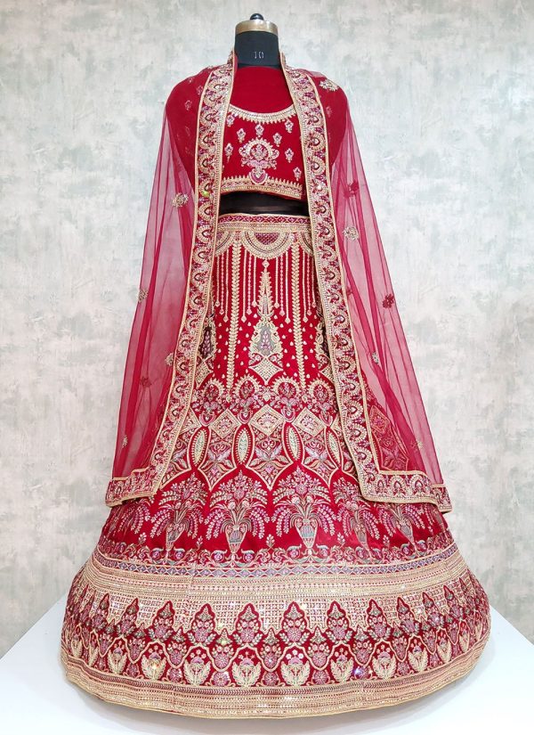 Red Embroidered Work Velvet Lehenga Choli