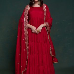 Red Georgette Designer Gown In Plain for Ceremonial