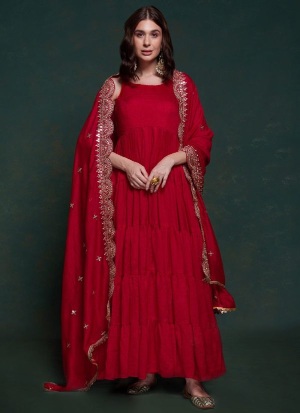 Red Georgette Designer Gown In Plain for Ceremonial