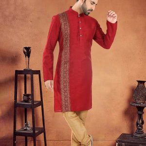 Red Silk Kurta Pyjama with Patch Border Work for Ceremonial