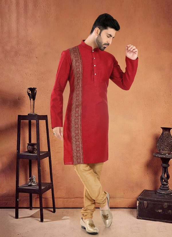 Red Silk Kurta Pyjama with Patch Border Work for Ceremonial