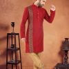 Red Silk Kurta Pyjama with Patch Border Work for Ceremonial