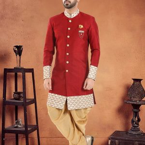 Red Silk Sherwani Mens Wear with
