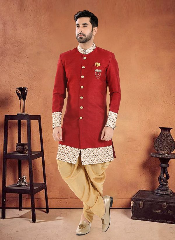 Red Silk Sherwani Mens Wear with