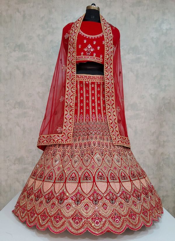 Red Velvet Embroidered Work Lehenga Choli for Bridal