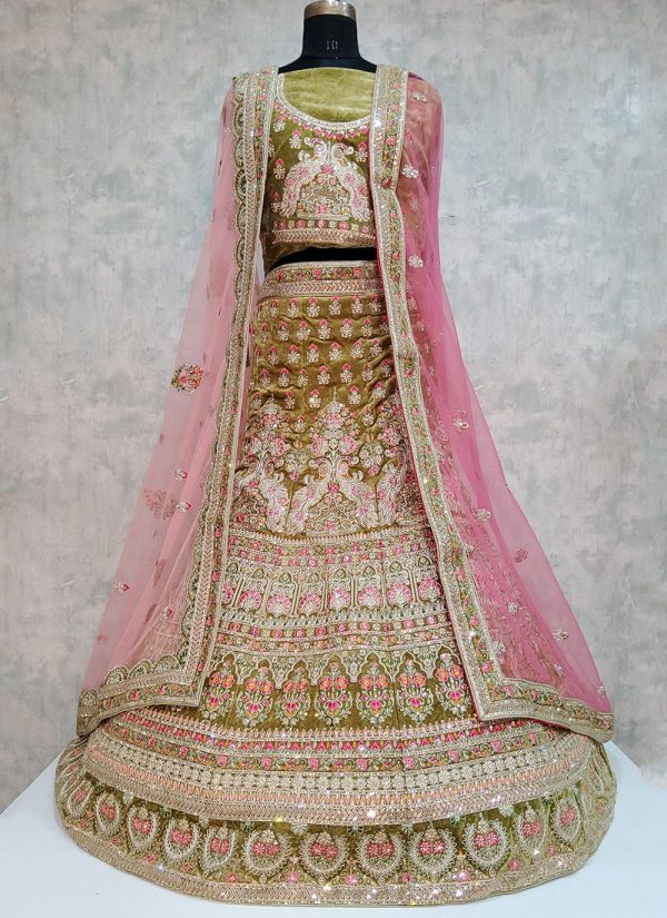 Sea Green Velvet Lehenga Choli with Embroidered Work