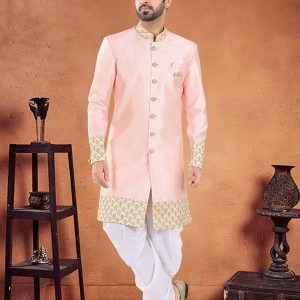 Silk Sherwani Mens Wear with Diamond and Patch Border Work