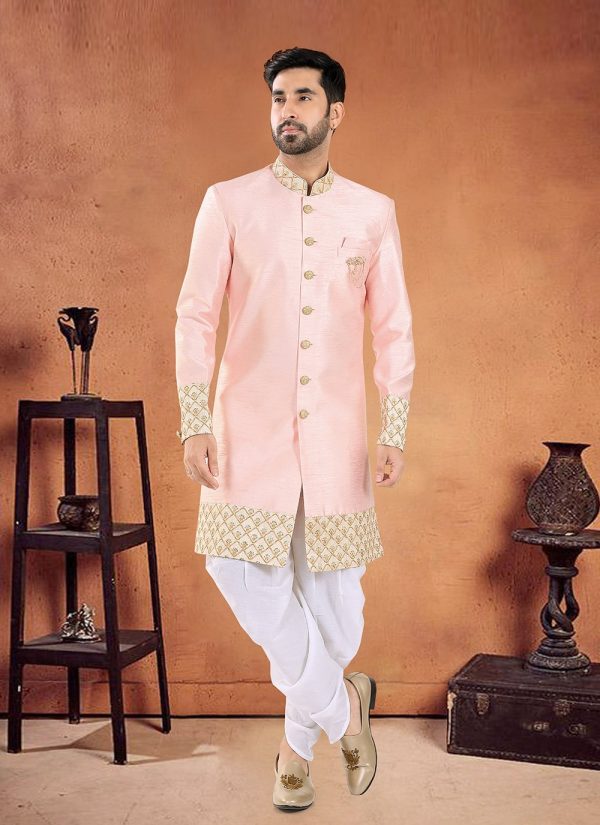 Silk Sherwani Mens Wear with Diamond and Patch Border Work