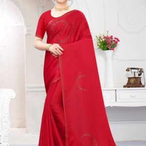 Stone Work Satin Red Trendy Saree