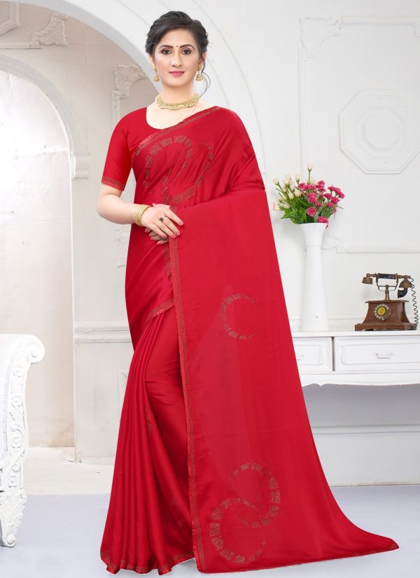 Stone Work Satin Red Trendy Saree