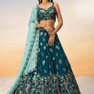 Teal Georgette Lehenga Choli with Embroidered and Sequins Work for Mehndi