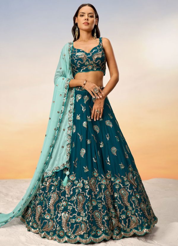 Teal Georgette Lehenga Choli with Embroidered and Sequins Work for Mehndi