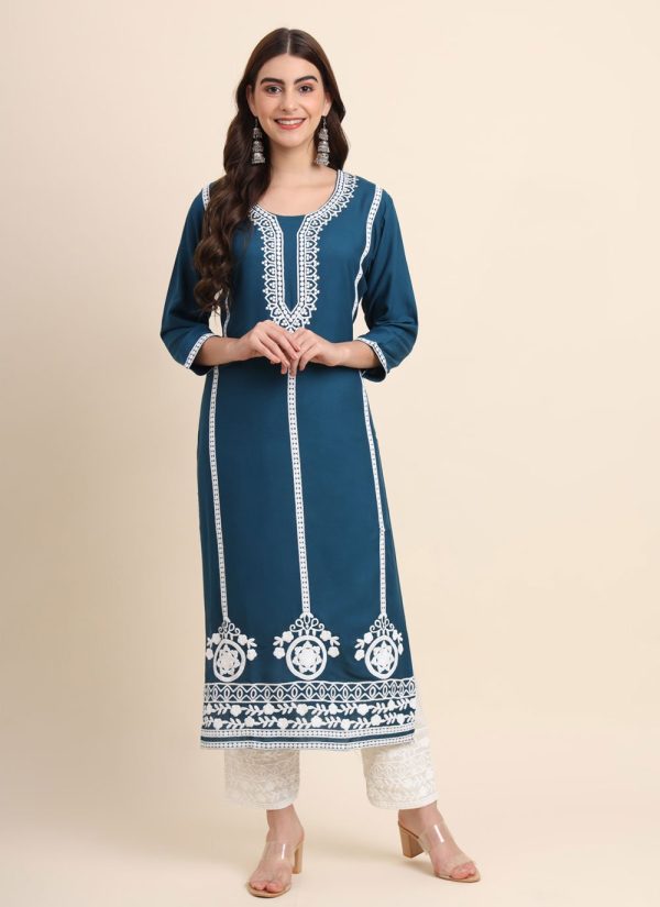 Teal Rayon Embroidered Work Designer Kurti