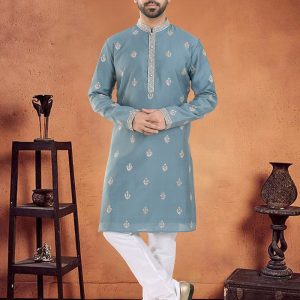 Teal Silk Embroidered, Sequins and Thread Work Kurta Pyjama