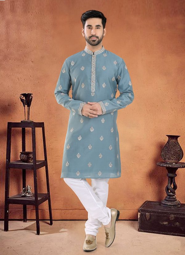Teal Silk Embroidered, Sequins and Thread Work Kurta Pyjama