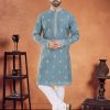 Teal Silk Embroidered, Sequins and Thread Work Kurta Pyjama