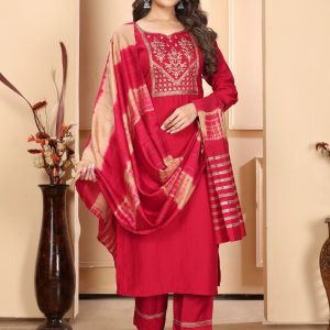 Tempting Red Silk Salwar Suit with Embroidered and Sequins Work