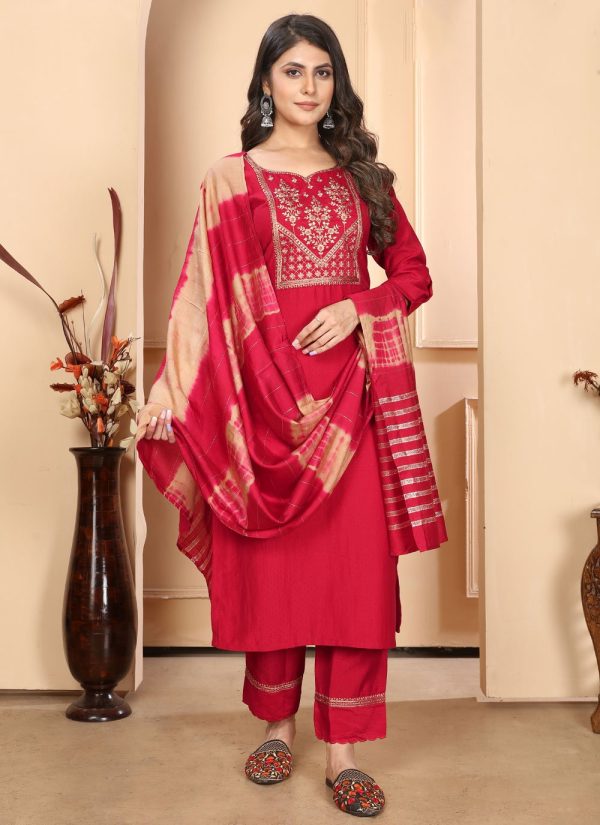 Tempting Red Silk Salwar Suit with Embroidered and Sequins Work