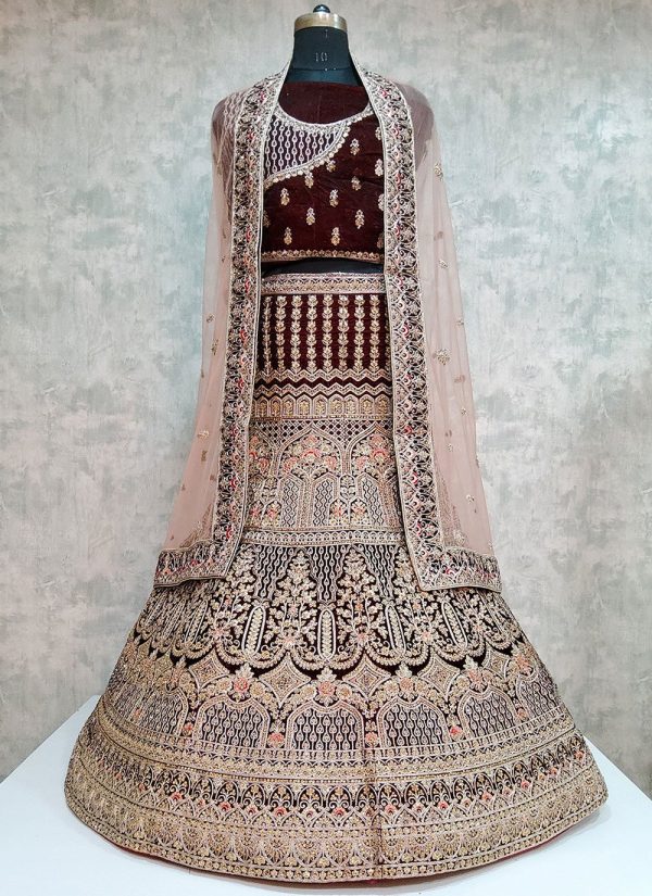Velvet Lehenga Choli In Brown
