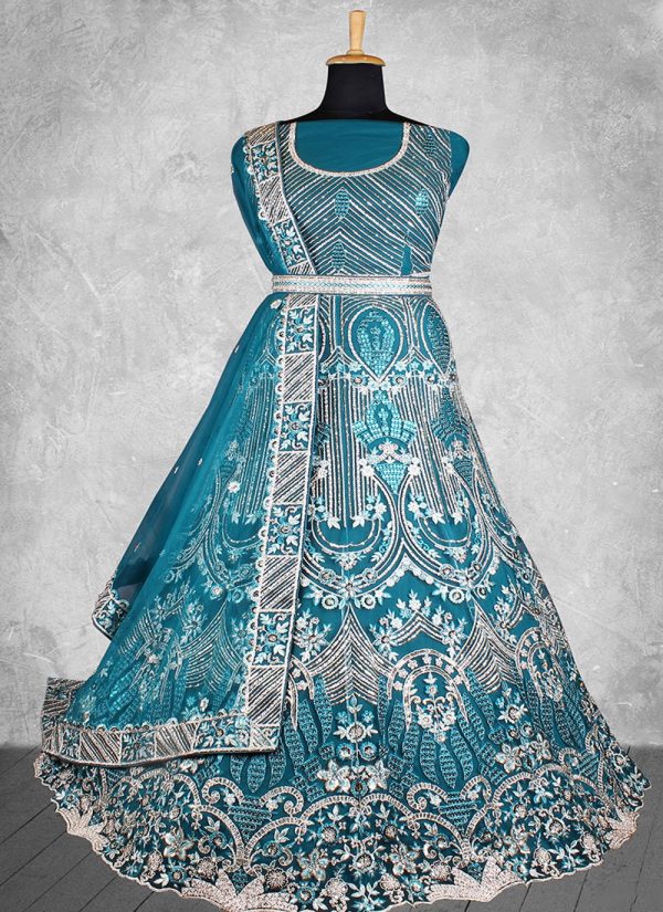 Velvet Lehenga Choli In Teal