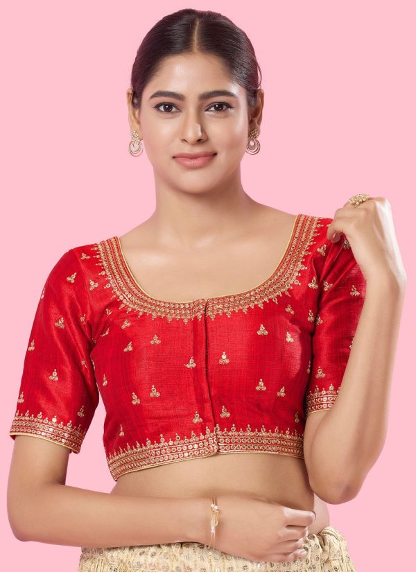 Vivacious Red Silk Blouse with Embroidered Work