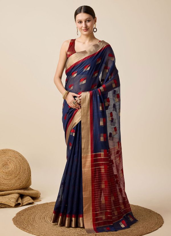 Weaving Work Cotton Silk Trendy Saree In Blue for Ceremonial