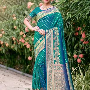 Weaving Work Silk Classic Sari In Teal