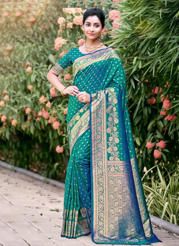 Weaving Work Silk Classic Sari In Teal