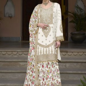 White Chinon Readymade Salwar Suit