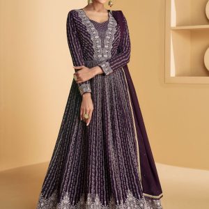 Wine Georgette  Designer Gown with Embroidered, Sequins and Thread Work for Mehndi