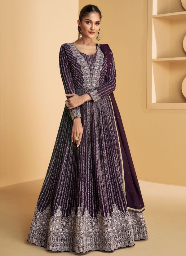 Wine Georgette  Designer Gown with Embroidered, Sequins and Thread Work for Mehndi