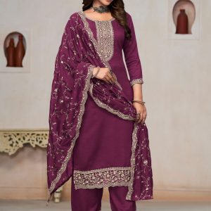 Wine Vichitra Silk Embroidered Work Salwar Suit for Ceremonial