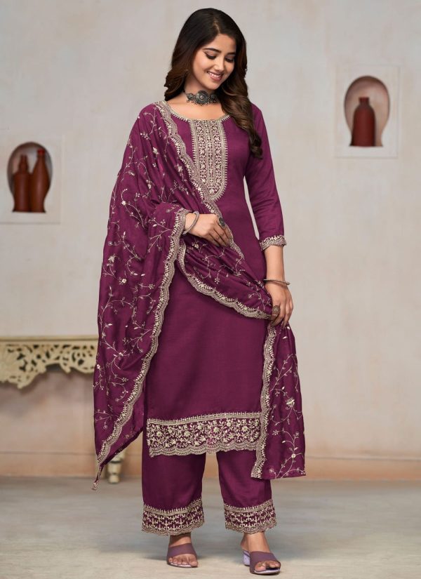 Wine Vichitra Silk Embroidered Work Salwar Suit for Ceremonial