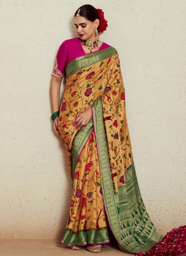 Yellow Brasso Weaving Work Designer Saree for Ceremonial