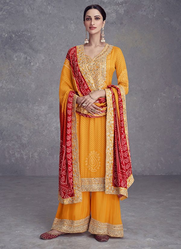 Yellow Chinon Readymade Salwar Suit with Embroidered Work for Ceremonial
