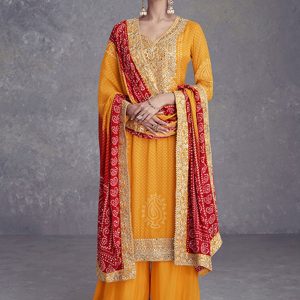 Yellow Chinon Readymade Salwar Suit with Embroidered Work for Ceremonial