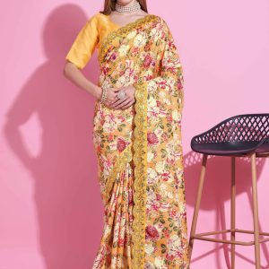 Yellow Digital Print Work Vichitra Silk Trendy Saree