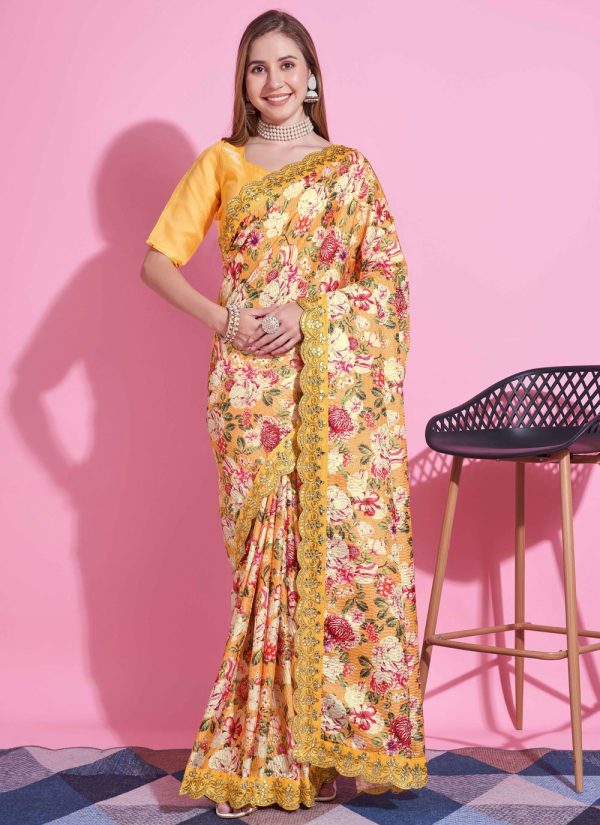 Yellow Digital Print Work Vichitra Silk Trendy Saree