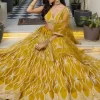 Yellow Embroidered, Sequins and Thread Work Net Lehenga Choli