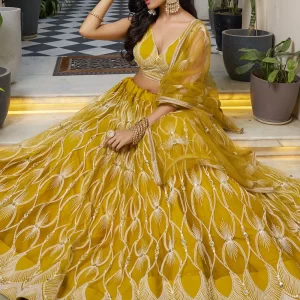 Yellow Embroidered, Sequins and Thread Work Net Lehenga Choli